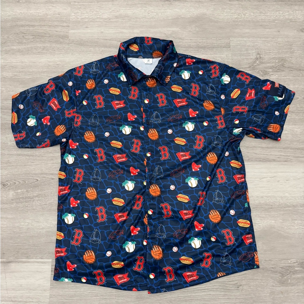 Boston Red Sox Mens Multicolor Graphic Print Hawaiian Button Up Shirt Size XL